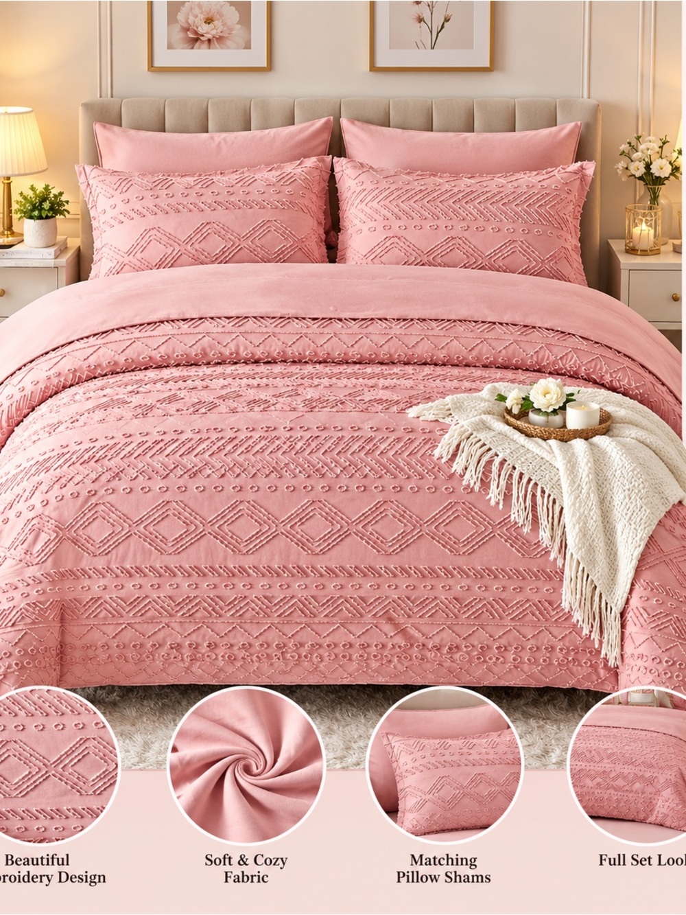 Soft Embroidered Pink Bedding Set with Pillow Shams king size 6 pieces including